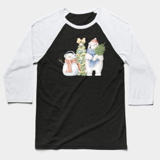 Polar bear and snowman in front of christmas tree Baseball T-Shirt